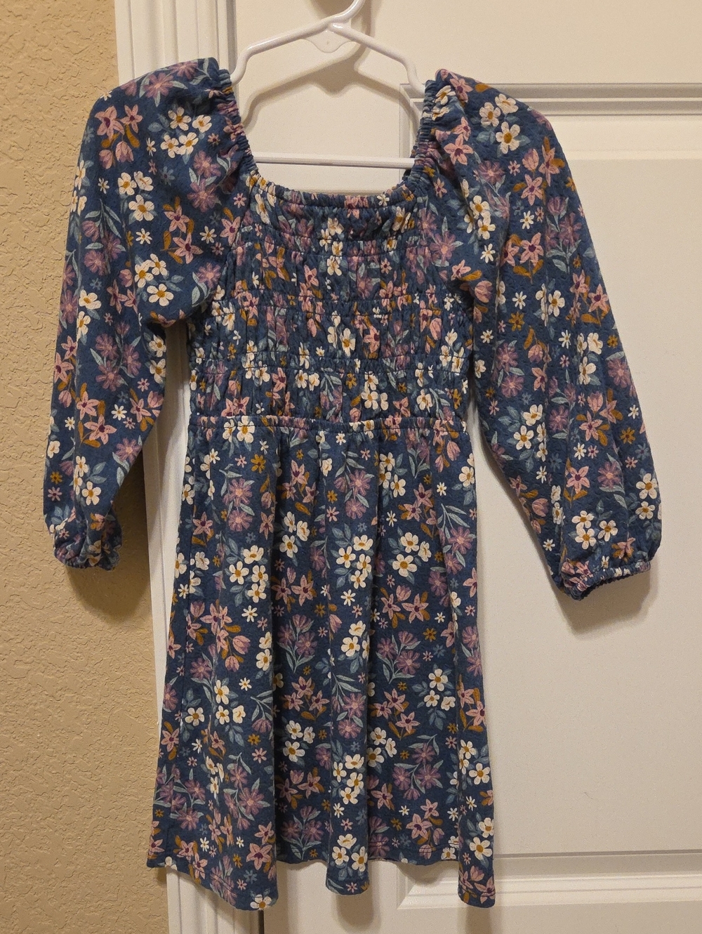 Jumping Beans Navy Floral Smocked Long-Sleeve Dress with Pink & Cream Flowers